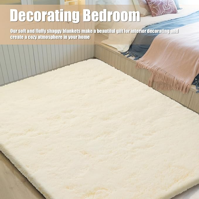 Shag Area Rug for Bedroom 5x8,Ivory Fluffy Area Rugs for Living Room,Soft Fuzzy Rug Non-Shedding Indoor Plush Carpet for Kids Bedroom Nursery Dorm Home Decor