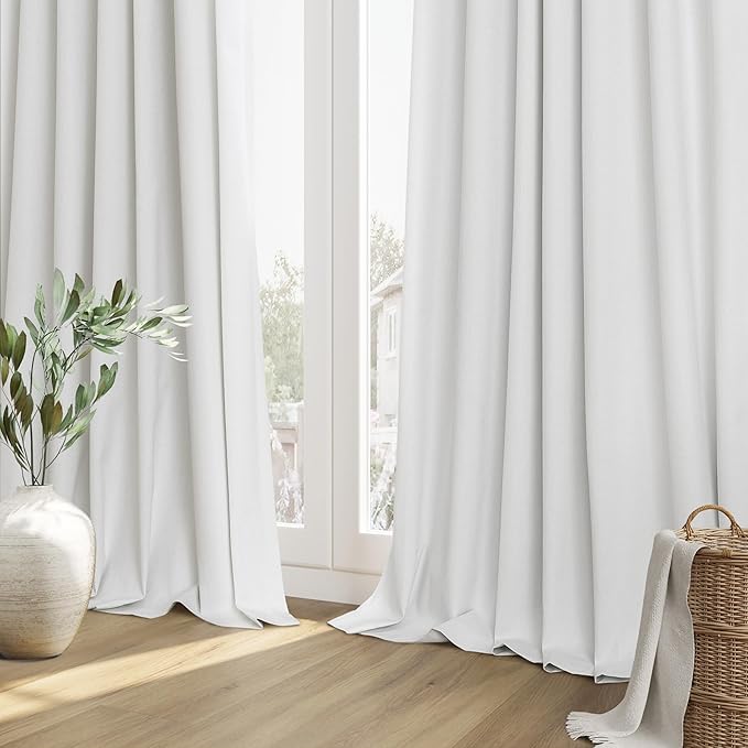 Guken White 100% Blackout Linen Curtains 102 Inch Length 2 Panels Set for Living Room Bedroom Back Tab Rod Pocket Thermal Insulated Black Out Drapes Room Darkening Farmhouse Window Curtains,52x102