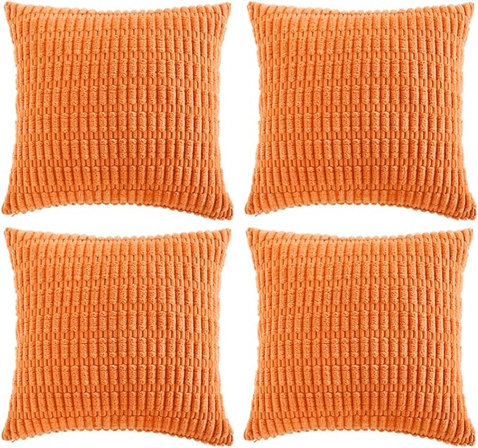 Fancy Homi 4 Packs Orange Fall Decorative Throw Pillow Covers 26x26 Inch for Couch Living Room Bed Sofa, Halloween Pumpkin Autumn Home Decor, Soft Cute Plush Corduroy Striped Cushion Case 66x66 CM