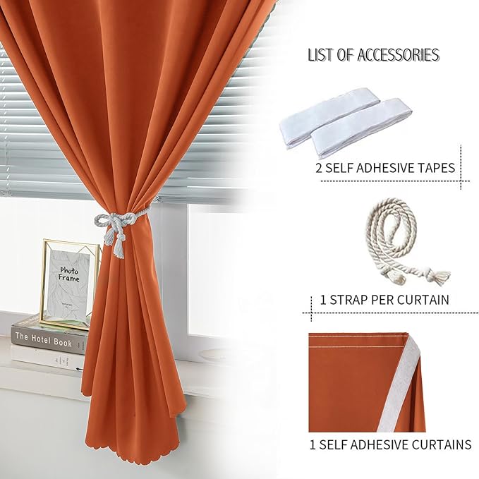 Self Adhesive Curtains Portable Blackout Curtain Simple and Easy to Install Bedroom Window Thermal Lnsulated Kitchen Room Darkening Black Small Drapes, 47" W X 59" L, Orange, 1 Panel