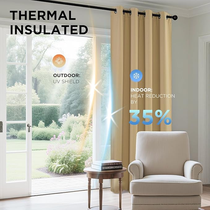 Joydeco Blackout Curtains 72 Inch Length 2 Panels Set, Thermal Insulated Long Curtains& Drapes 2 Burg, Room Darkening Grommet Drapes for Living Room Bedroom Window (W52 x L72 Inch, Beige)