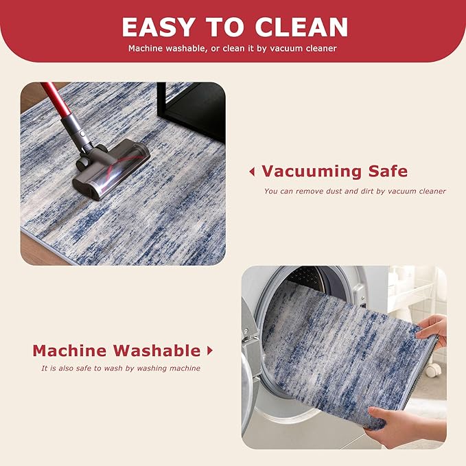 KOZYFLY 4x6 Area Rug Modern Abstract Washable Large Rugs for Entryway Non-Slip Soft Living Room Rug, Print Grey-Blue Throw Rugs Indoor Mat for High-Traffic Door Entrance, Laundry, Nursery, Bedroom