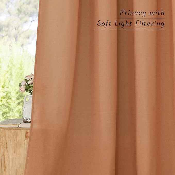 NICETOWN Linen Flax Semi Sheer Curtains 94" Length, Grommet Window Treatments Privacy Added with Light Penetration Vertical Drapes for Loft/Home Office, Burnt Orange, W55 x L94, 2 Panels