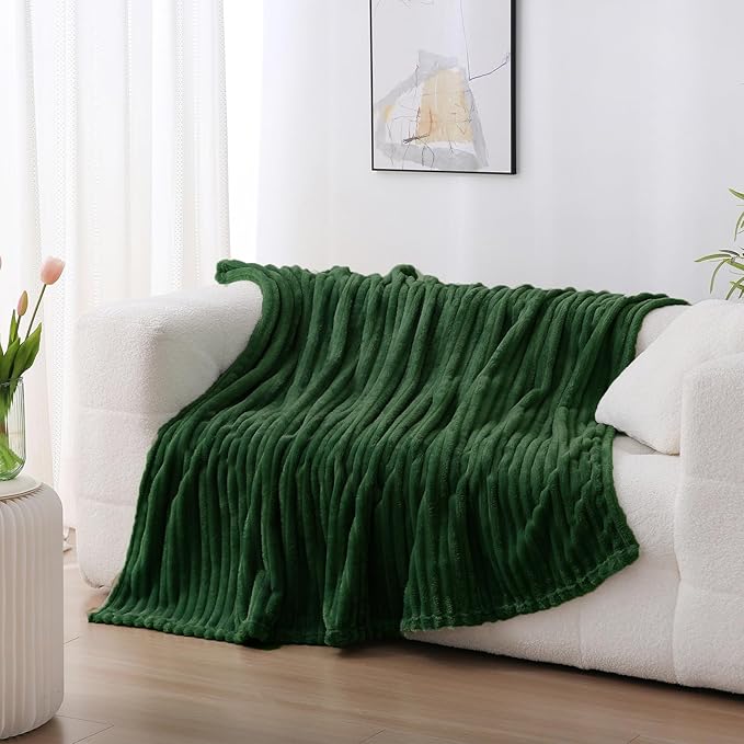 Green Fleece Throw Blanket 60”×80” for Couch Sofa Bed,Super Soft Cozy Plush Microfiber Flannel Blanket with Stripes Design Lightweight for Adults,Woman,Girls