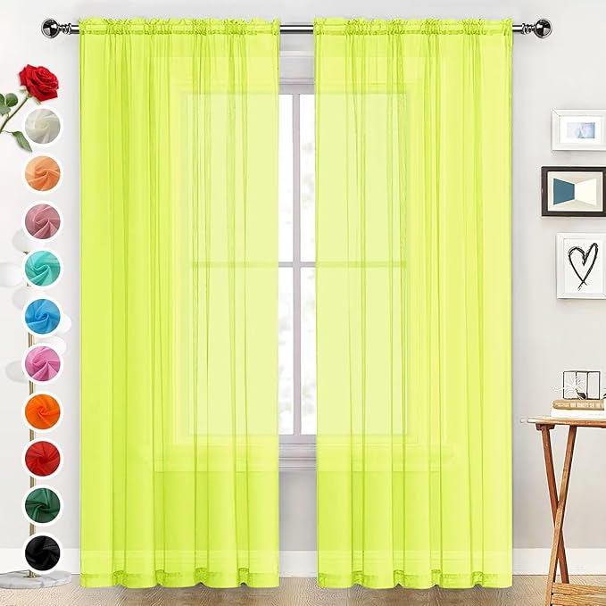 SpaceDresser Basic Rod Pocket Sheer Voile Window Curtain Panels Chartreuse 1 Pair 2 Panels 52 Width 63 Inch Long for Kitchen Bedroom Children Living Room Yard（Chartreuse, 52W x 63L）