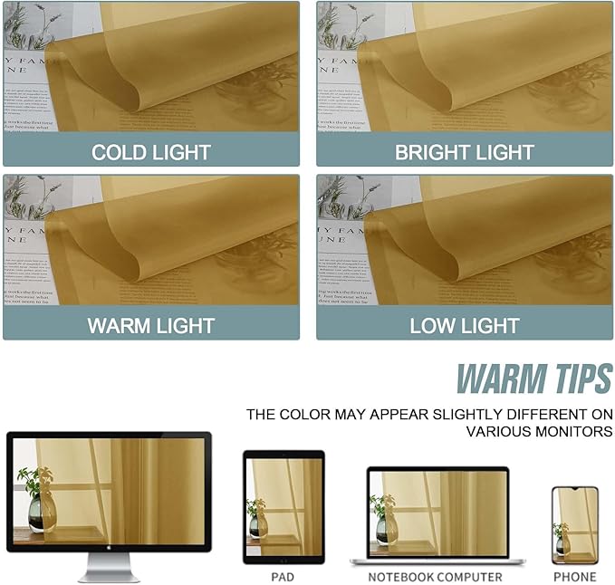 Gold Sheer Curtains 63 Inch Length 2 Panels, Voile Sheer Curtain for Living Room, Breathable Light Filtering Modern Window Treatments, Soft Fabric Dual Rod Pocket Drapes, 2x42Wx63L Inches