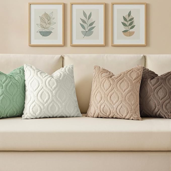 decorUhome Throw Pillow Covers 16x16 Inch Set of 2, Soft Plush Faux Wool Sage Green Solid Couch Pillow Covers, Accent Farmhouse Neutral Square Pillow Cases for Sofa Bed Living Room