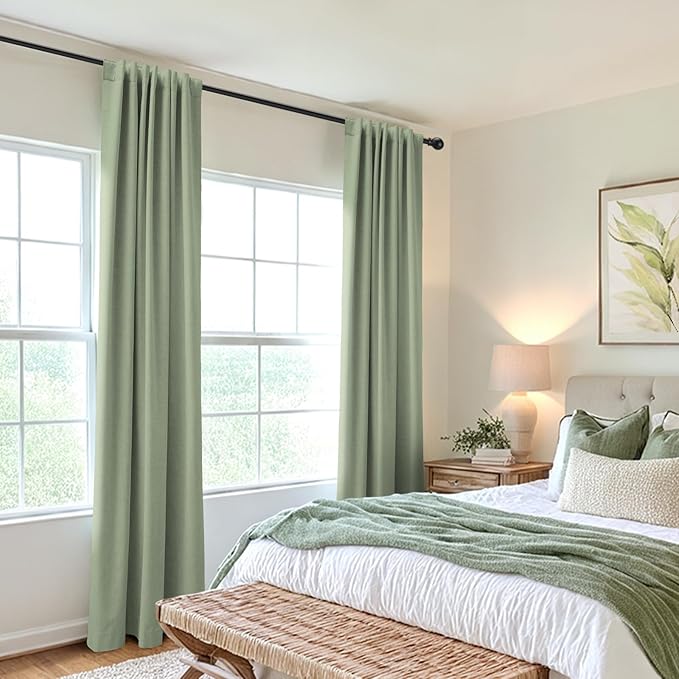 100% Blackout Shield Linen Blackout Curtains for Bedroom 90 Inches Long, Back Tab/Rod Pocket Living Room Drapes, Thermal Insulated Blackout Curtains 2 Panels Set, 50" W x 90" L, Sage