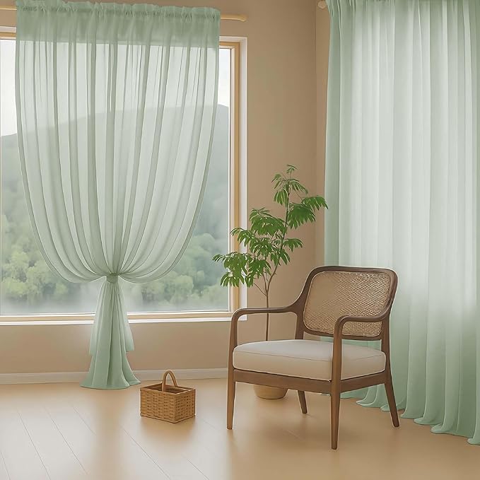Extra Wide Sage Green Sheer Curtains for Windows 108 inches Long, Lightweight Light Filtering Soft Drapes for Living Room Bedroom, Dual Rod Pocket Sheer Curtains, 2x59Wx108L inches, 9FT, 2PCS