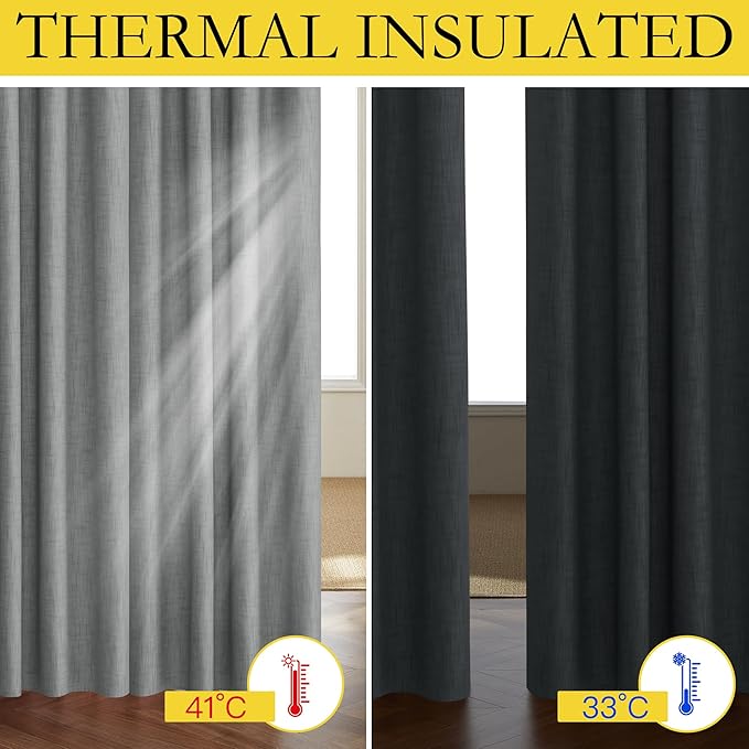 NICETOWN 100% Absolutely Blackout Linen Curtains with Thermal Insulated White Liner, Dove Grey, W52, 2 Pieces, Noise Reducing Textured Linen Look Curtains for Windows 90 inch Length for Classroom