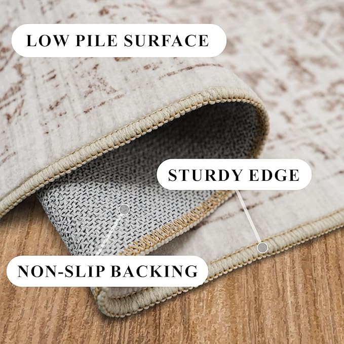 Washable 2'6''x14' Runner Rug - Non-Slip Vintage Runner Rug for Entryway Low-Pile Medallion Long Rugs for Hallway Waterproof Traditional Runner Rugs Indoor Thin Rug for Kitchen (Cream/Beige)