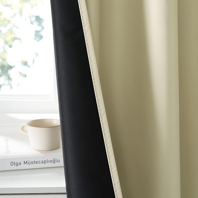 RYB HOME 100% Blackout Basement Curtains 36 inches Long, Heat & UV Blocking Total Room Darkening Noise Reducing Curtains for Bathroom RV Campers, Beige, 2 Panels Set