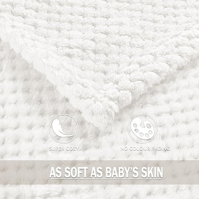 Exclusivo Mezcla Fleece Throw Blanket Extra Large, Super Soft and Warm Blankets for Couch, Sofa and Bed Waffle Textured, Cozy, Fuzzy and Lightweight (Pure White, 50x70 Inches)