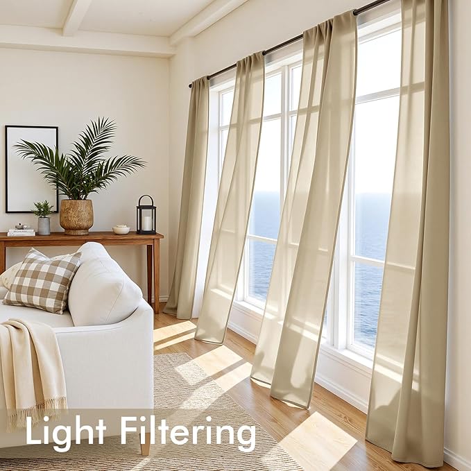 MIULEE Beige Sheer Curtains 96 Inches Long, 4 Panels Set, Rod Pocket Voile Drapes Light Filtering and Semi Transparent, Elegant Window Treatments for Bedroom Living Room,42 x 96 Inches