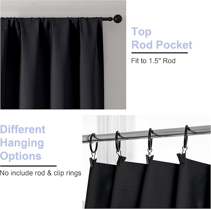 Simplebrand Ava Halloween Black Blackout Curtains for Bedroom 90 Inches Long 2 Panels Set, Solid Privacy Energy Saving Living Room Window Treatment Curtains Blackout Drapes, W40 x L90 Inch, Black