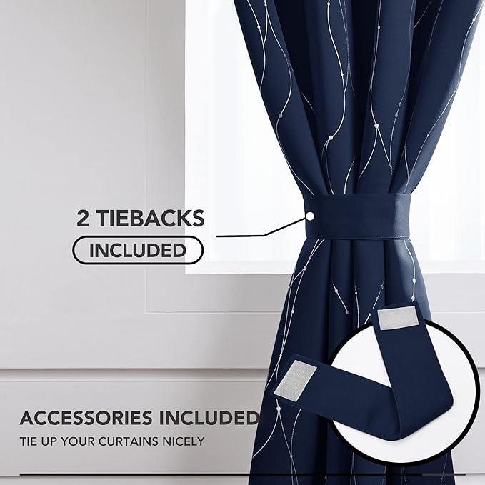 Deconovo Blackout Curtains for Living Room, Thermal Insulated Soundproof Drapes, Wave Dots Silver Print, 52 x 95 Inches Long, 2 Panels, Machine‑Washable Window Panel for Bedroom Patio Door, Navy Blue