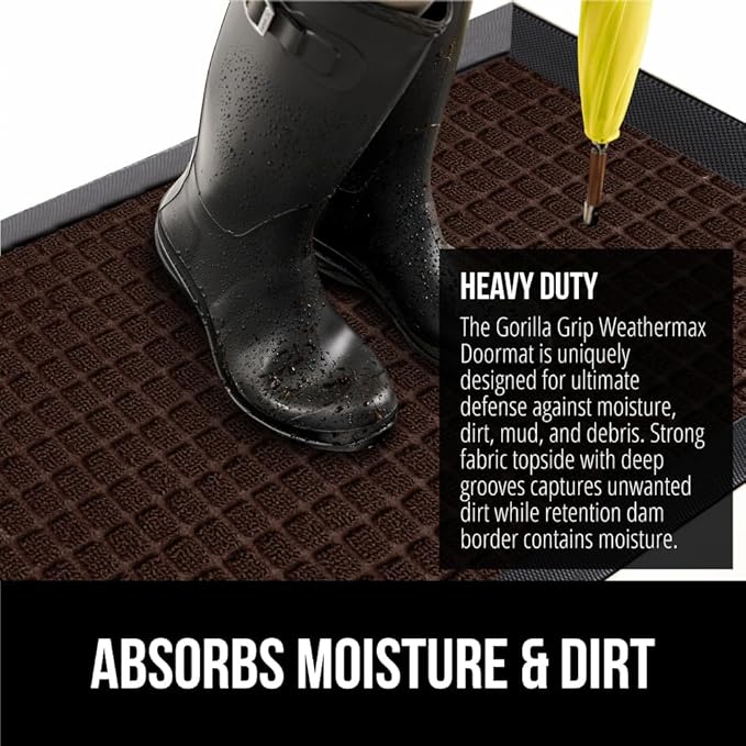 GORILLA GRIP 100% Waterproof All-Season WeatherMAX Doormat, 34x58, US Designed Natural Rubber, Stain and Fade Resistant, Low Profile Indoor Outdoor Door Mats, Easy Clean Patio Mat, Coffee Squares