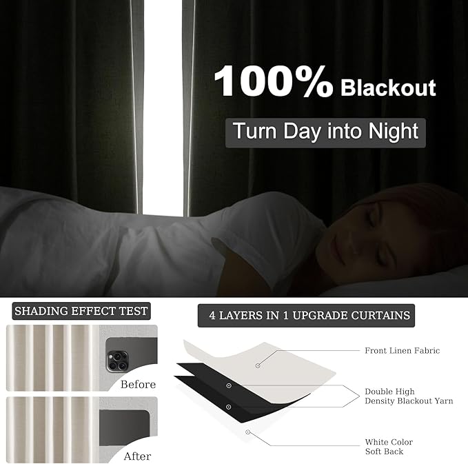 Topfinel 90 Inches Long Full Blackout Linen Curtains for Bedroom, Pinch Pleat Black Out Curtains, Viral Farmhouse Modern Lined Track Drapes 2 Panels Set for Living Room Sliding Door Winter