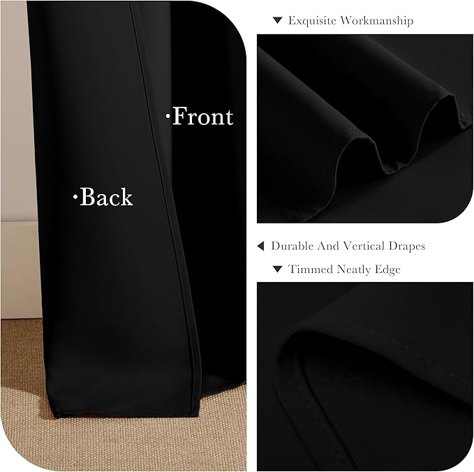 PONY DANCE Black Out Window Curtains - Thermal Blackout Curtain Drapes Set Shades Back Tab & Rod Pocket Panels Privacy Protect for Living Room, 42-inch Wide by 72-inch Long, Black, 2 Pieces
