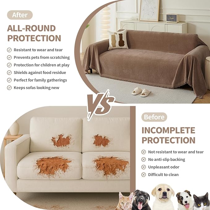 Couch Cover for Dogs, Boho Sofa Covers for 3 Cushion Couch, Chenille Sofa Slipcover for Pets Washable, L-Shape Sectional Couch Loveseat Cover Soft Throw Blankets with Tassels(71x118,Coffee)