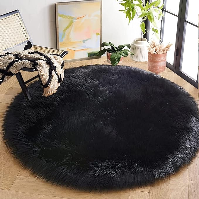 ORINOVA Black Fuzzy Living Room Washable Area Rugs for Bedroom Shag Circle Faux Sheepskin Furry Fur Round Rug 5ft Nursery Rug