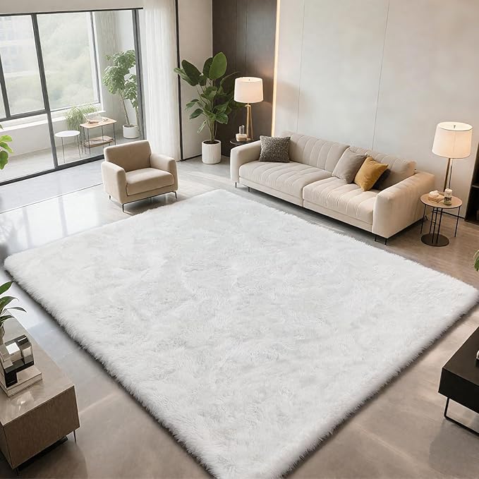 9X12 Large Area Rugs for Living Room Bedroom,White Big Shag Rug for Bedroom Dorm,Soft Fluffy Indoor Carpet Nursery Rugs for Kids Girls Room Home Decor (White, 9X12 Feet)