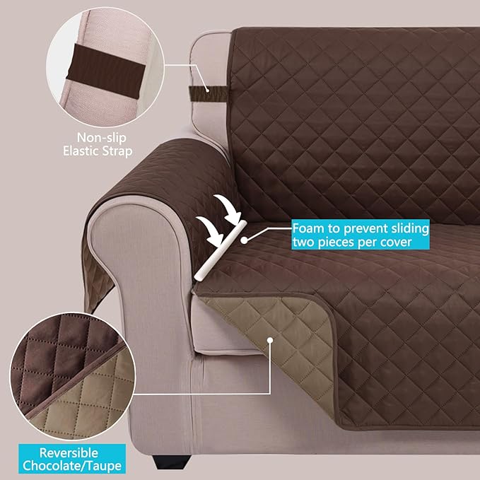 U-NICE HOME Recliner Chair Covers Reversible Quilted Water Repellent Pet Protectors with Elastic Straps (23''Recliner Small, Chocolate/Taupe)