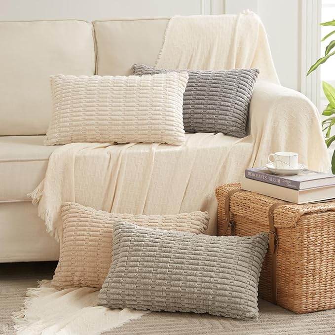Fancy Homi 4 Packs Tan Decorative Throw Pillow Covers 12x24 Inch for Living Room Couch Bed Sofa, Beige Rustic Farmhouse Boho Home Decor, Soft Plush Striped Corduroy Square Cushion Case 30x60 cm
