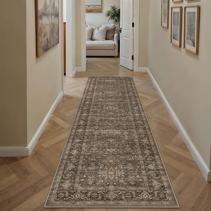 2x8 Washable Runner Rug for Hallway Kitchen Vintage Brown Non Slip Low Pile Carpet Traditional Retro Soft Throw Rug for Bathroom Bedroom Entryway Indoor Entrance