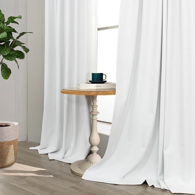 Pitalk 100% Blackout Curtains for Bedroom White 100 Inch Length Living Room Black Out Shades Faux Linen Designer Custom Drapes for Windows Treatments Thermal Insulating 100 Inches Long 2 Panels 2Pcs