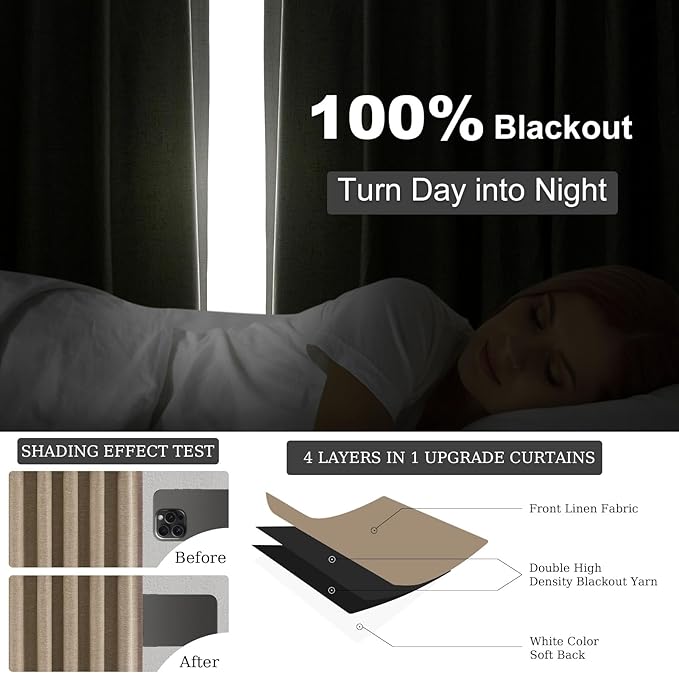 Topfinel Taupe Burlap Linen Blackout Curtains & Drapes 84 Inch Length 2 Panels Set, Flax Linen Brown Tan Beige Room Darkening Soundproof Cabin Curtains with Hooks Rings for Bedroom Living Room