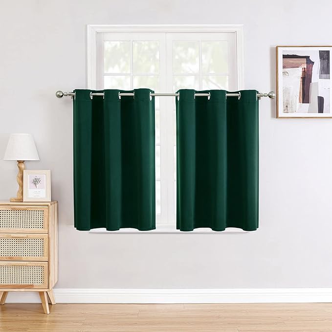 ChrisDowa Small Window Curtains for Kitchen and Bedroom - Grommet Short Thermal Insulated Room Darkening Curtains (2 Panels, Forest Green, 52 x 36 Inch)