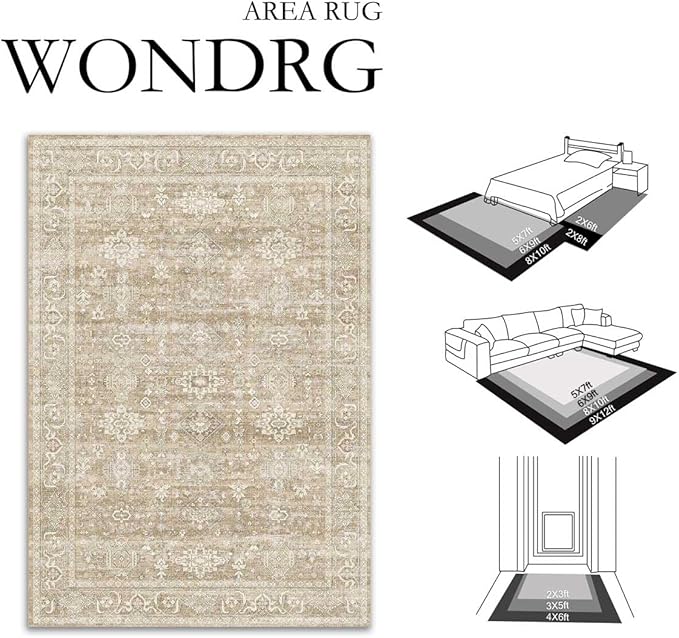 6x9 Washable Area Rug for Living Room Bedroom Vintage Beige Carpet Soft Low Pile Traditional Retro Non Slip Throw Rug for Dining Room Entryway Indoor Dorm Kitchen