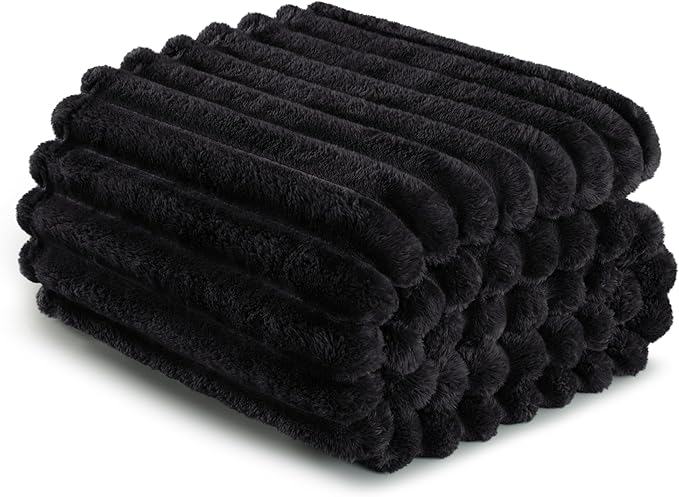 Exclusivo Mezcla Queen Size Flannel Fleece Blanket, Super Soft Striped Jacquard Bed Blanket, Lightweight Fuzzy Cozy for All Seasons, 90x90 Inches, Black