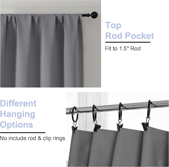 Simplebrand Ava Light Grey Blackout Curtains for Bedroom 63 Inch Length 2 Panels, Solid Thermal Insulated Energy Saving Rod Pocket Window Treatment Curtains Blackout Drapes, W40 x L63 Inch, Light Grey