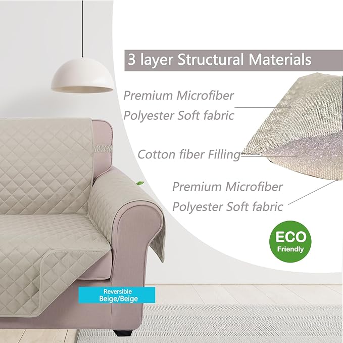 U-NICE HOME Loveseat Sofa Cover Reversible Couch Cover for Dogs with Elastic Straps Water Resistant Furniture Protector for Pets Couch Cover for 2 Cushion Couch (Loveseat, Beige/Beige)