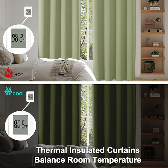 Simplebrand Ava Sage Green Blackout Curtains for Patio 108 Inches Long 2 Panels Set, Solid Thermal Insulated Room Darkening Rod Pocket Window Treatment Curtains Blackout Drapes, W50 x L108 Inch