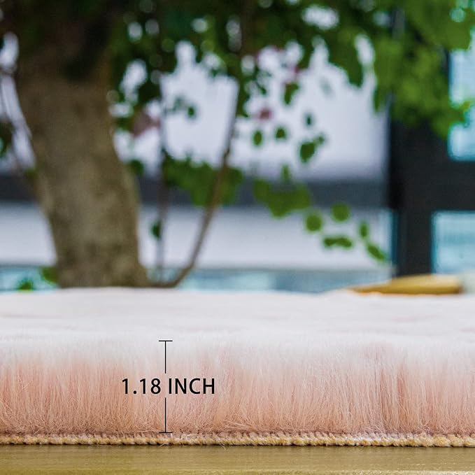ORINOVA Pink Boho Faux Rabbit Fluffy Fur Rugs for Bedroom Shag Circle Washable Area Rugs for Living Room Nursery Round Rug 4ft