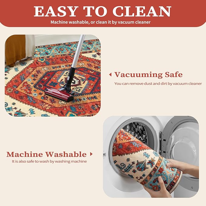 SERISSA Washable Rugs 9x12 Area Rugs, Large Non-Slip Boho Living Room Rug, Ultra Soft Vintage Orange Print Distressed Oriental Farmhouse Carpet for Dining Room Bedroom Dorm Office Home Decor