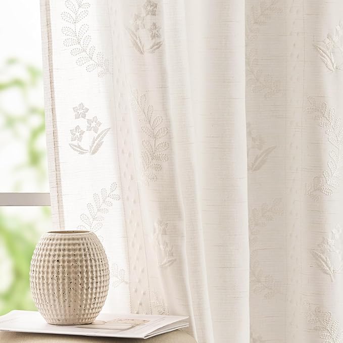 jinchan Belrose Linen Curtains for Bedroom Floral Curtains 63 Inch Length Linen Blend White Embroidered Drapes Farmhouse Flower Patterned Drapes for Living Room Window Treatments Set 2 Panels