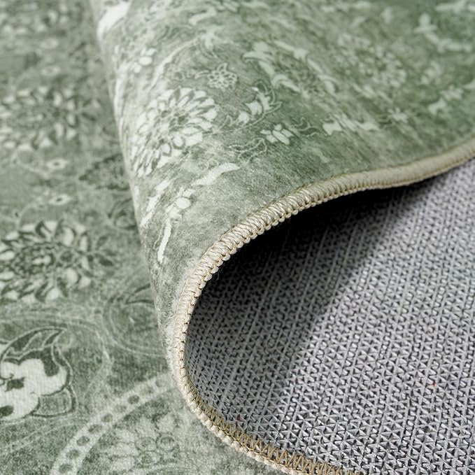 2x3 Entryway Area Rug Washable - Neutral Small Entry Rug Kitchen Rug Runner Vintage Soft Floor Mat Non Slip Indoor Farmhouse Carpet for Bedroom Bathroom Living Room (Muted Sage Green)