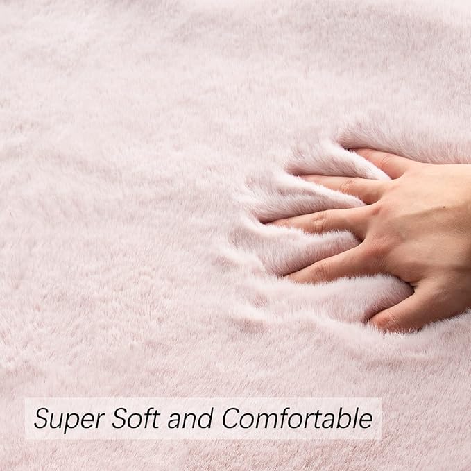ORINOVA Pink Boho Faux Rabbit Fluffy Fur Rugs for Bedroom Shag Circle Washable Area Rugs for Living Room Nursery Round Rug 4ft