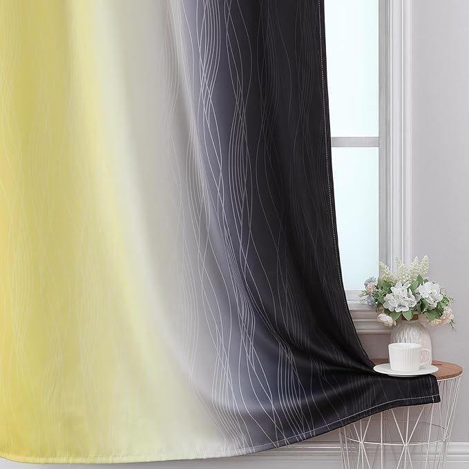 Estelar Textiler Black and Yellow Blackout Curtains for Living Room, Full Room Darkening Ombre Curtains for Bedroom, Thermal Insulated Light Blocking Gradient Grommet Drapes, 42Wx63L, 2 Panels