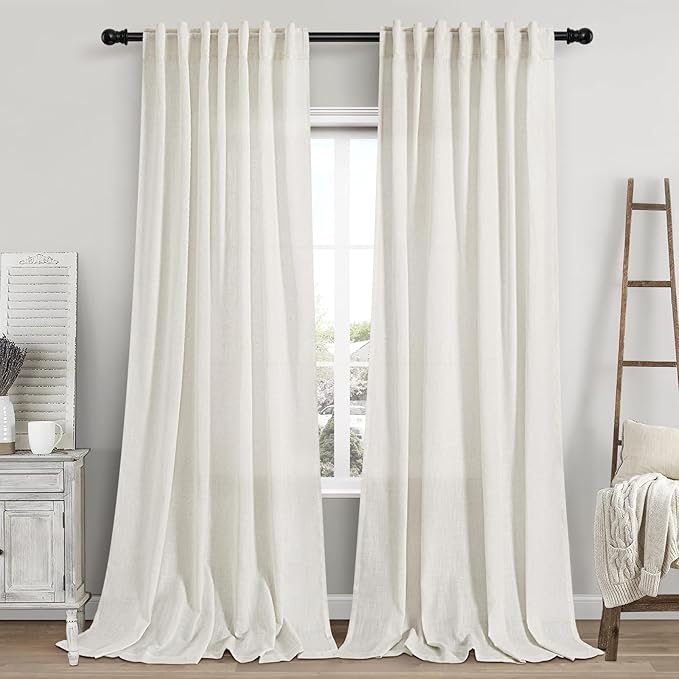 Cream Linen Curtains 119 Inches Long for Living Room Extra Long Back Tab Curtains Neutral Farmhouse Light Filtering Semi Sheer Linen Drapes Ceiling to Floor for Large Window 2 Panels Set 52x119