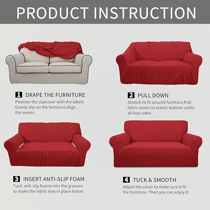 Easy-Going Stretch Oversized Sofa Slipcover 1-Piece Sofa Cover Furniture Protector Couch Soft with Elastic Bottom for Kids, Polyester Spandex Jacquard Fabric Small Checks Christmas Red