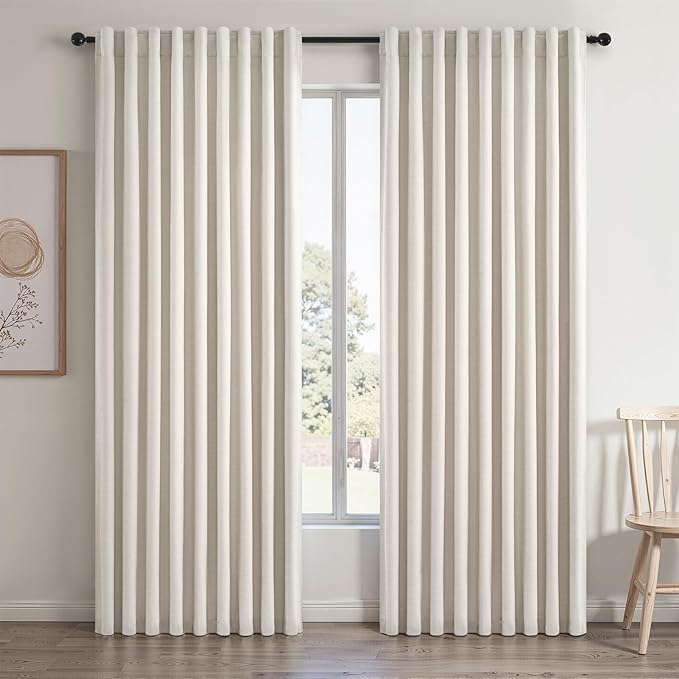 Extra Wide Total Blackout 96 Inch Curtains 70 Inches Wide for Living Room 2 Panels Ivory Cream Linen Blackout Curtain for Large Window Treatment Privacy Thermal Drapes Rod Pocket Pleated 72"W x 96"Lx2