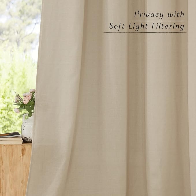 NICETOWN Thick Linen Curtains Privacy with Light Filtering, Grommet Semi Sheer Not See Through Linen Blend Curtain Drapes Vintage & Rustic for Farmhouse / Living Room, Angora, W55 x L84, 2 Panels