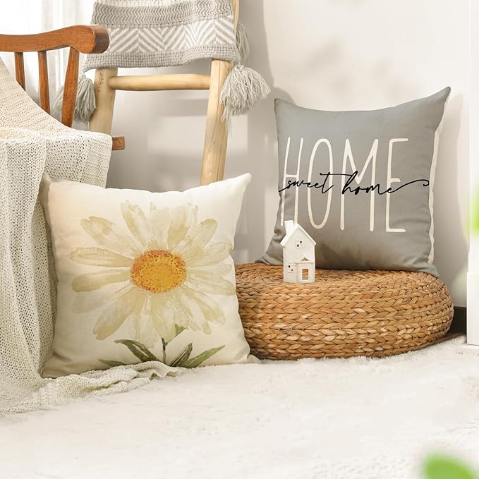 AVOIN colorlife Home Sweet Home Spring Summer Flowers Throw Pillow Covers, 18 x 18 Inch Grey Cushion Case for Sofa Couch Set of 4