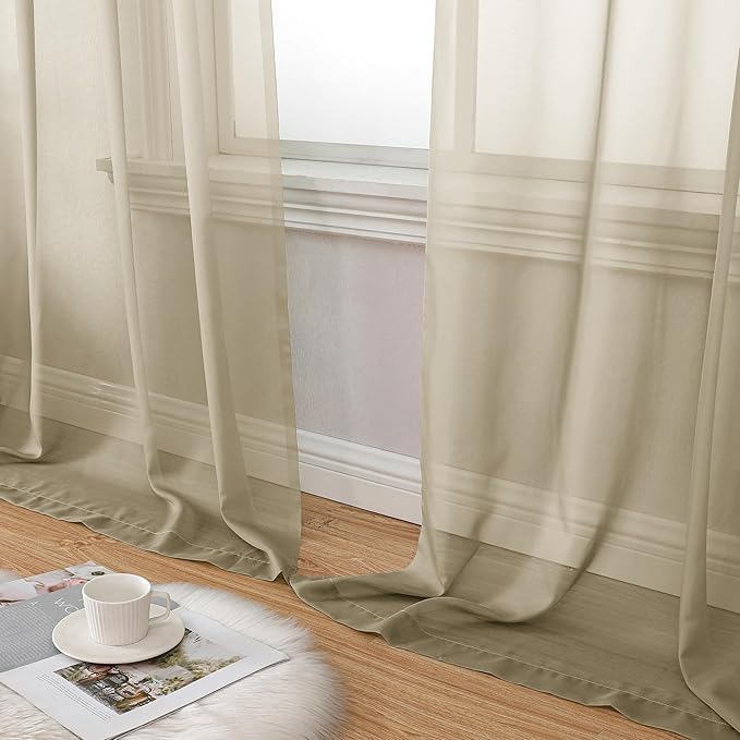 Aiyufeng Taupe Sheer Curtains 96 Inches Long 2 Panels Set, Semi Transparent Voile Rod Pocket Sheer Window Drapes for Bedroom Bed Canopy Living Room Dining Wedding Party Backdrop, 42W x 96L inch