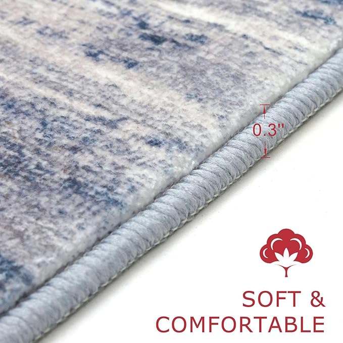 KOZYFLY Modern Abstract Washable Rug Runner 2.6x16 Hallway Rug Runner Non-Slip Soft Kitchen Runner Rugs, Grey-Blue Striped Carpet for Stair Entryway Bathroom Laundry Room Foyer